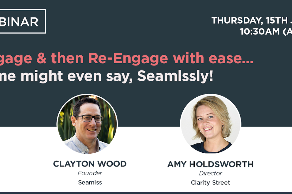 Banner image for the Seamlss Client Onboarding and Re-Engagement Webinar featuring photos of Clayton Wood and Amy