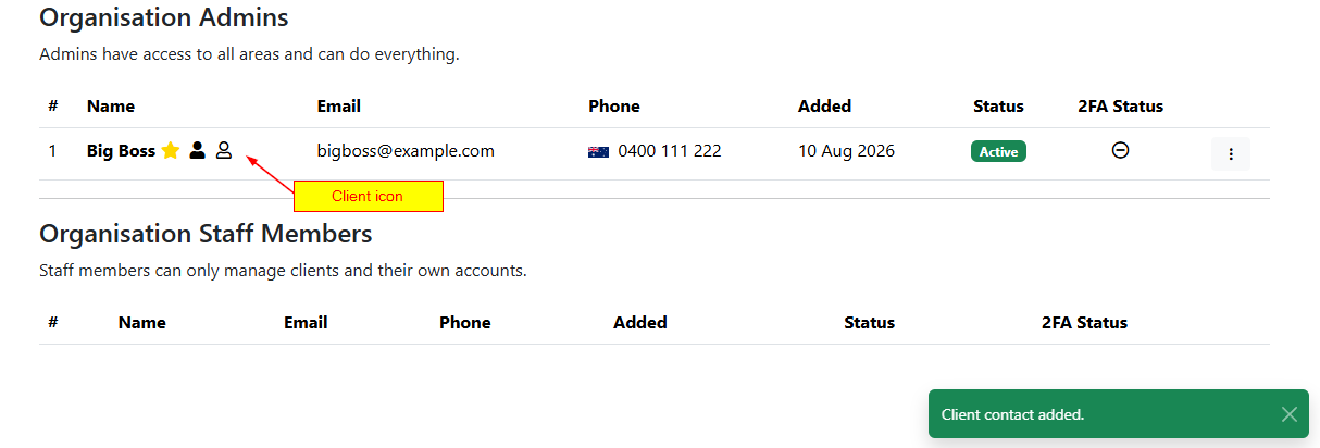 Admin list: Big Boss with a highlighted client icon, email bigboss@example.com, phone 0400 111 222, added 10 Aug 2026, status Active, 2FA off; yellow 'Client icon' label present; toast in bottom-right reads 'Client contact added.'