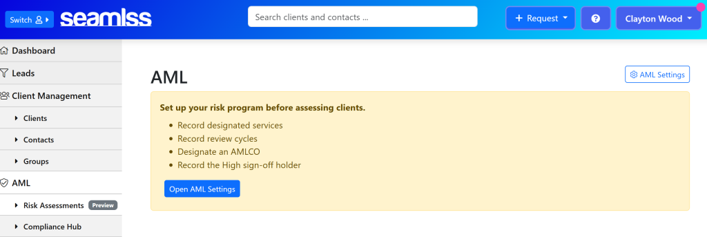 image - Seamlss - Streamlined Client Onboarding & Verification for Accounting Firms Dashboard UI with left navigation and AML panel; main area shows AML heading and a yellow info box outlining setup steps with bullets and an Open AML Settings button.
