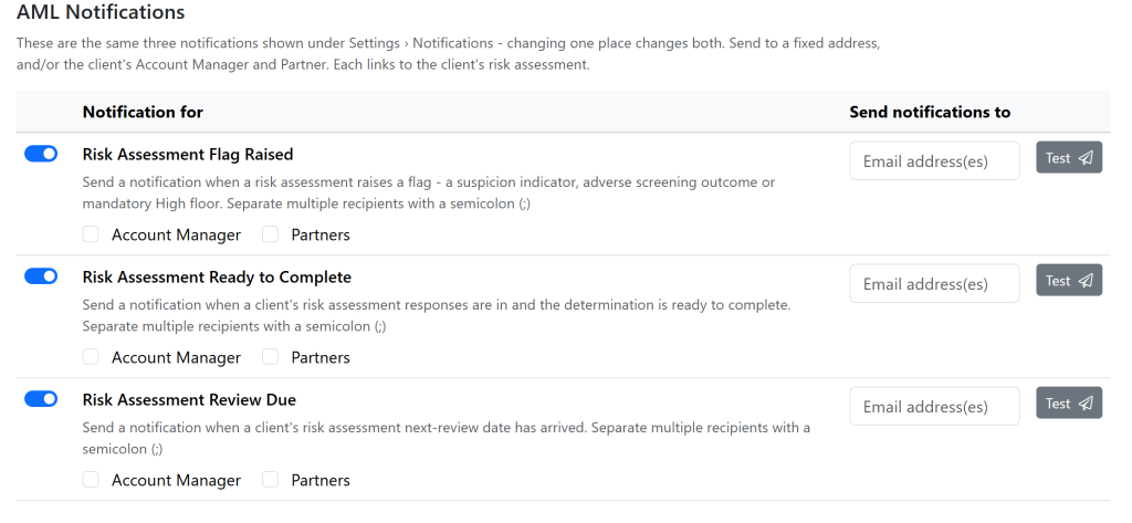 Seamlss AML notification settings: alerts when a risk assessment flag is raised, responses are ready to complete, or a review falls due