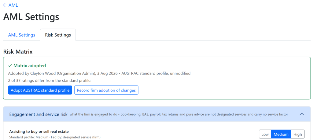 image - Seamlss - Streamlined Client Onboarding & Verification for Accounting Firms Risk Settings screen showing risk levels assigned to each assessment item with the AUSTRAC Standard Profile option and Record button.