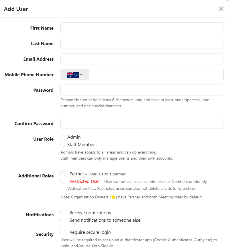 The Add User form