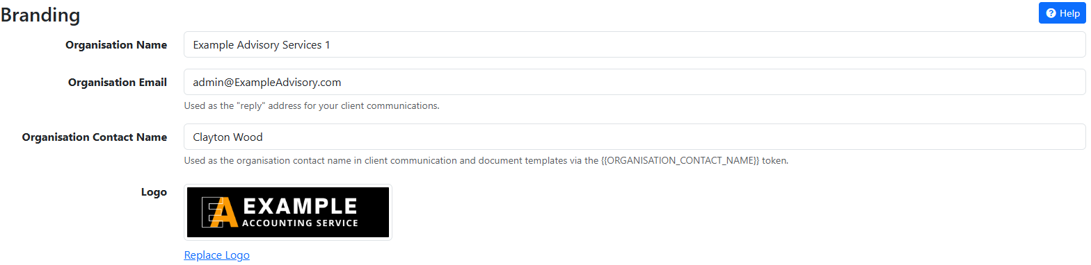 Settings, Branding: Organisation Name, Organisation Email, Organisation Contact Name and Logo, filled in for an example firm.